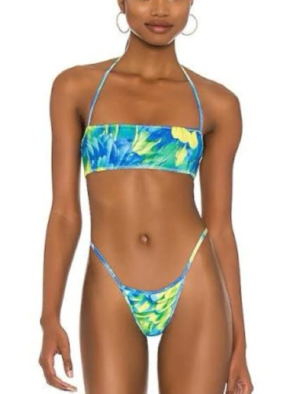 MELISSA SIMONE Enita Bikini Top Kyra Thong Bottom & Skirt in Blue & Green Floral
